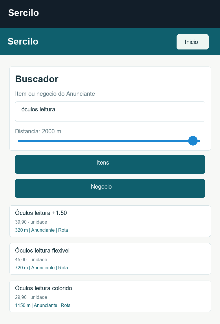 Exemplo de busca por óculos leitura na MiniApp do Telegram